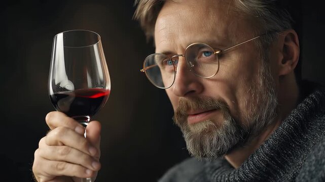 Adult man enjoying a glass of red wine in a cozy indoor setting while appreciating the rich flavors of winemaking at sunset in a rustic winery
