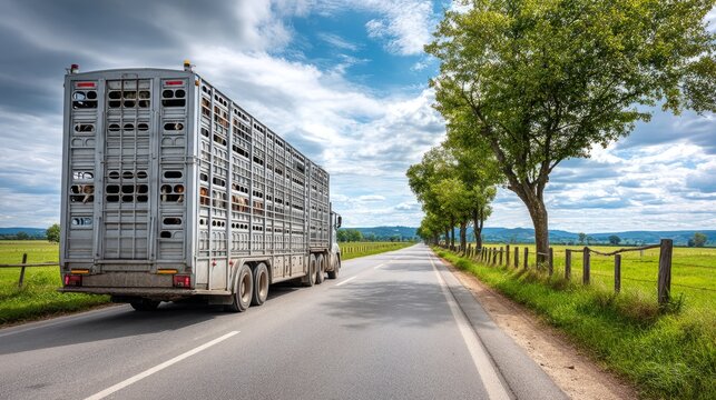 Truck Transporting Cattle on Rural Road Surrounded by Lush Greenery