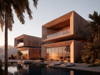 Obraz premium A curvilinear concrete desert villa with a reflecting pool glows in the warm sunset light.