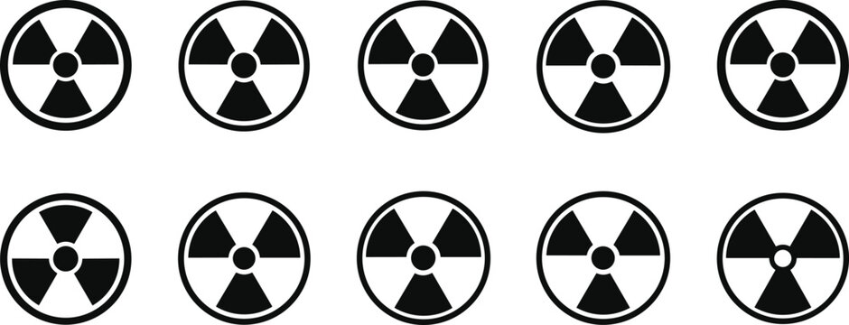 Collection of radiation hazard warning symbol vector icons showing nuclear safety signs, radioactive danger silhouettes, caution graphics, and hazard design variations