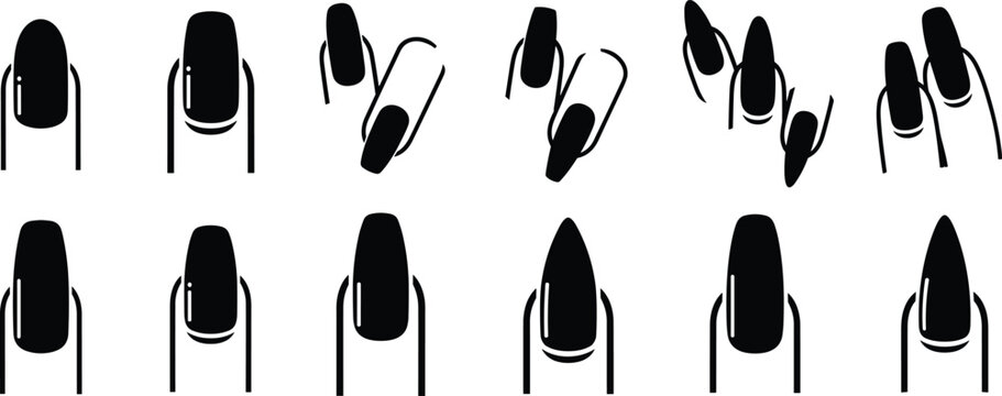 Stylized black vector silhouettes of fingernail shapes including square, round, almond, and stiletto tips, perfect for manicure beauty design illustration