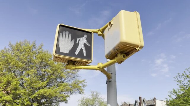 New York City pedestrian traffic light changing from red hand stop signal to white walk signal. Urban transportation, street crossing