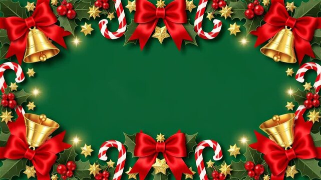 Festive Christmas frame of green holly leaves red berries golden bells bright holiday decoration