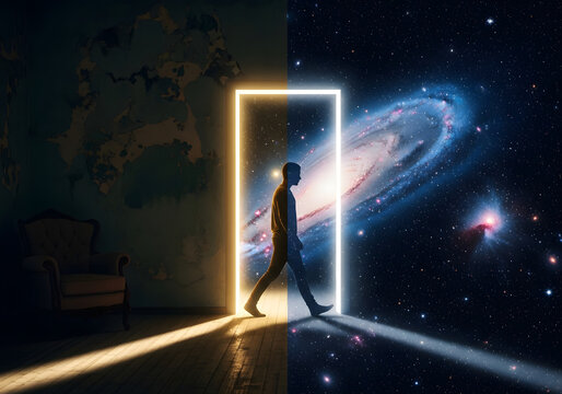 Silhouette of a man walking through a glowing rectangular portal into a starry galaxy symbolizing a transition into the future and infinite possibilities.