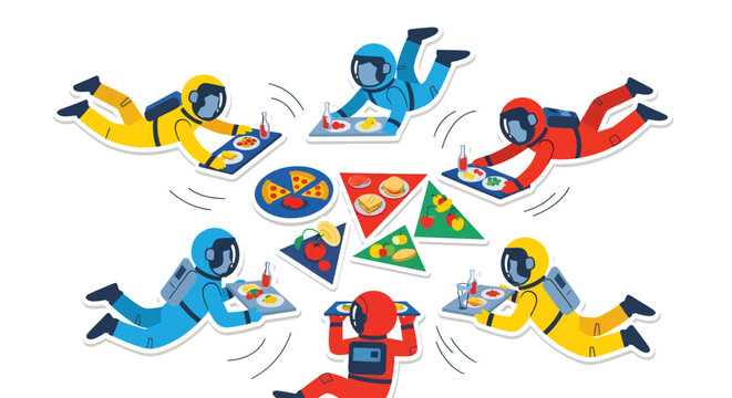 Colorful astronauts in zero gravity enjoy a diverse meal, sharing pizza, burgers, and salads in a futuristic space dining experience illustration.