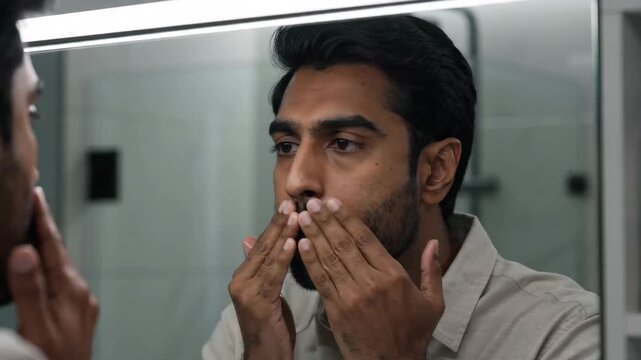 A Young Man with a Stylish Beard Engages in a Daily Grooming Routine, Applying Skincare Products