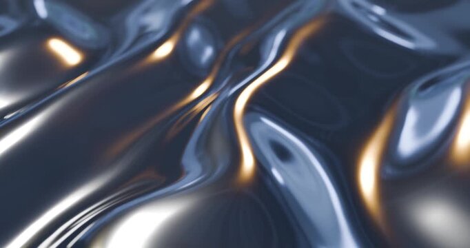 Abstract liquid metal waves with blue and gold reflections looping animation