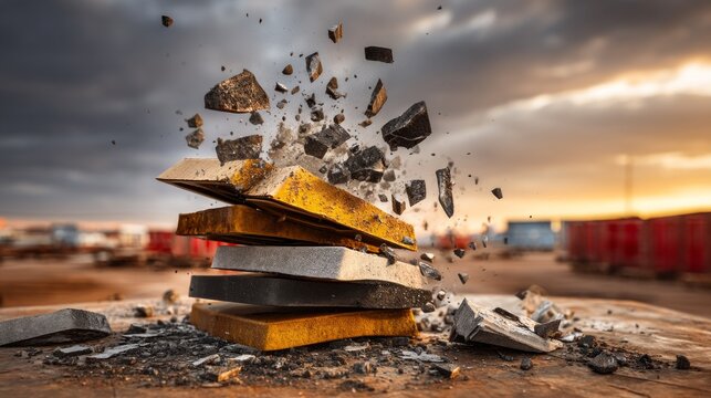 Explosive Shatter of Ceramic Roof Tiles in Outdoor Setting