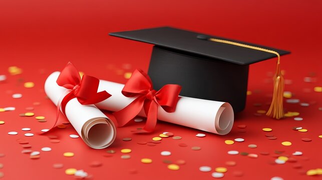 Graduation Celebration with Rolled Diplomas and Mortarboard on Red Background