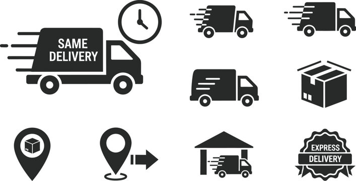 Collection of logistics including delivery trucks, packages, and location markers