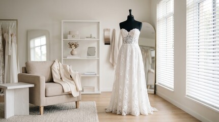 Fototapeta premium Elegant White Wedding Dress on Mannequin in Modern Bridal Boutique