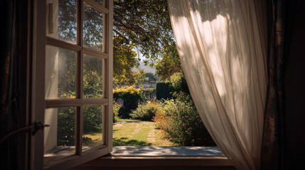 Calm garden view through an open window with sheer curtains swaying.  © Mmmdrza