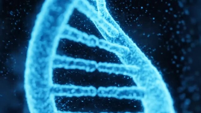 A glowing blue DNA double helix structure.