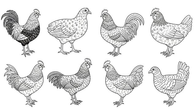 Collection of diverse chicken breeds in a realistic line art illustration style