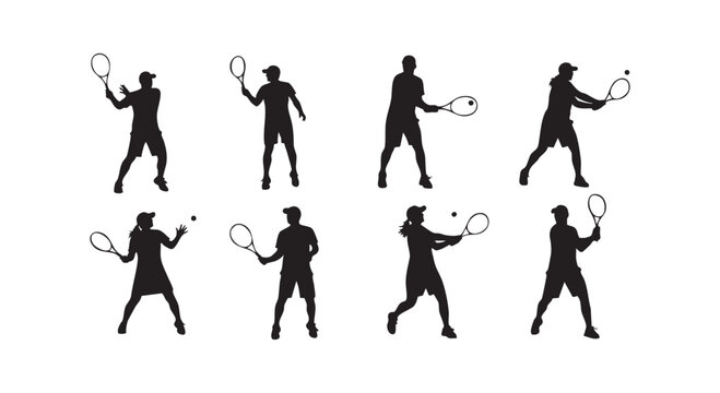 Tennis players performing forehand backhand and serve strokes isolated on white background vector silhouette set.
