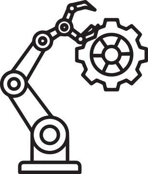 Industrial Robot Arm Lifting Heavy Metal Gear Vector Icon Perfect for Manufacturing Automation, Factory Design, Engineering Documentation, CNC Machining, Automation Systems, Mechanical