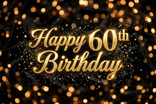 Happy 60th birthday greeting with gold text and sparkling bokeh lights