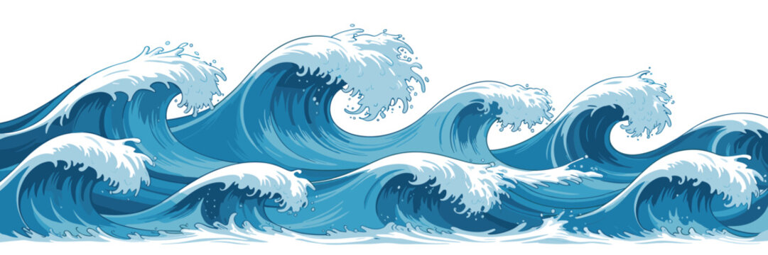 Pixel Art Style Ocean Waves Breaking with White Foam and Blue Water vector illustration