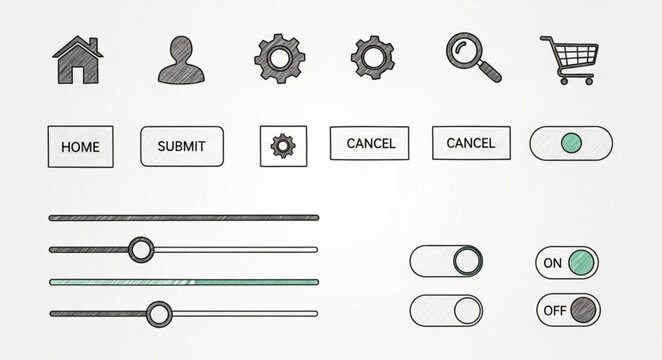 Hand drawn user interface elements for web and app design.