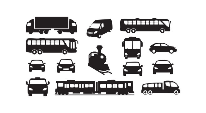 Variety of transportation vehicle silhouettes including cars buses train and truck isolated on white vector graphic.