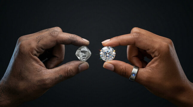 Hands holding rough and polished diamonds on dark background