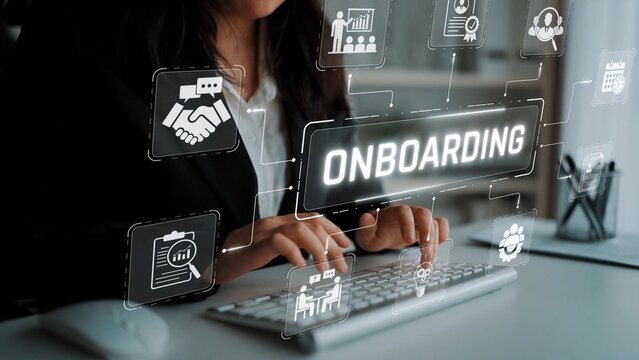 Professional Woman Engaged in Digital Onboarding Process with Virtual Icons Representing Training, Collaboration, and Communication Sigmoid