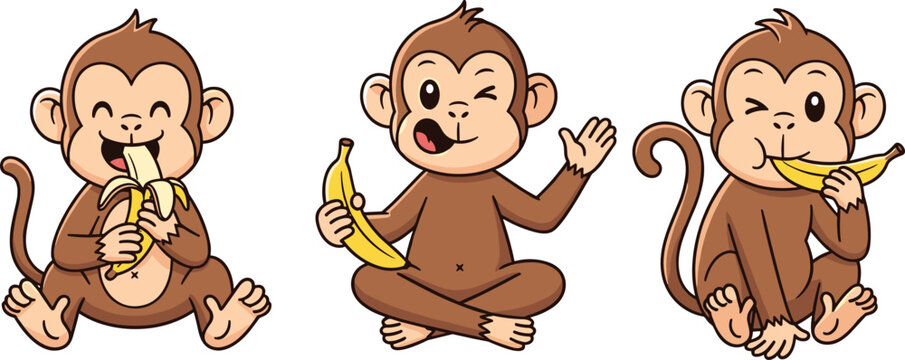 Cute Monkey Characters Eating Bananas in Cartoon Style with Playful Expressions