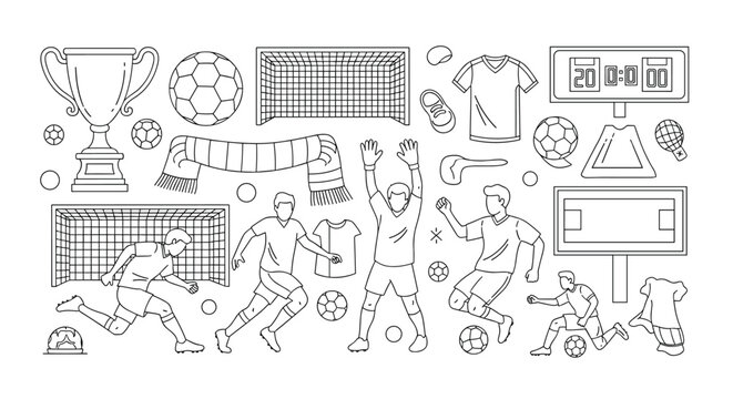 Large set of black and white line art icons and characters related to soccer including players, goals, balls, and trophies for sports themes.