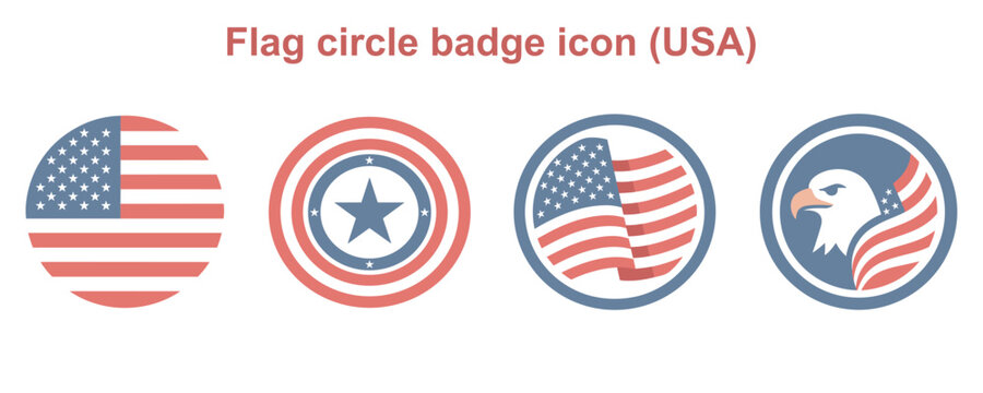Four circular badges show American flag elements and eagle circle badge icon.