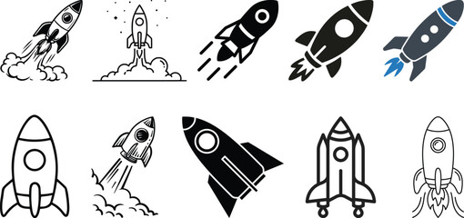 Space Rocket icon vector. Space Craft illustration sign. Shuttle symbol or logo.Modern rocket spaceship vector icon set in solid and outline styles, representing startup launch, innovation, and future © MR Vector Store