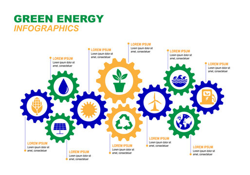 Green Energy Infographics with Cogwheel Icons and Sustainable Technology Concepts - Replaceable Text