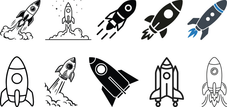 Space Rocket icon vector. Space Craft illustration sign. Shuttle symbol or logo.Modern rocket spaceship vector icon set in solid and outline styles, representing startup launch, innovation, and future