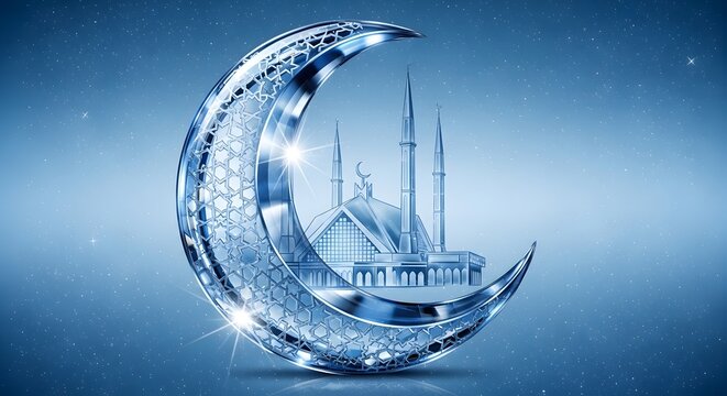 Icy blue crescent moon with mosque silhouette inside and sparkling starry background, religion