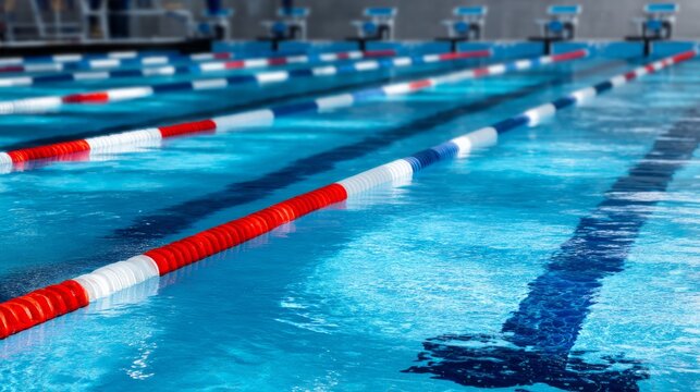 Bright Swimming Pool with Lane Dividers and Clear Water Reflection