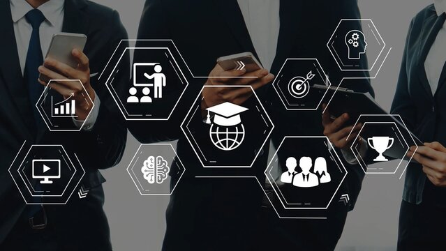 Professional Team Using Mobile Devices in a Business Setting with Education and Success Icons in a Modern Office Environment Gluon.