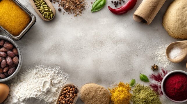 Colorful Arrangement of Baking Ingredients on a Textured Surface
