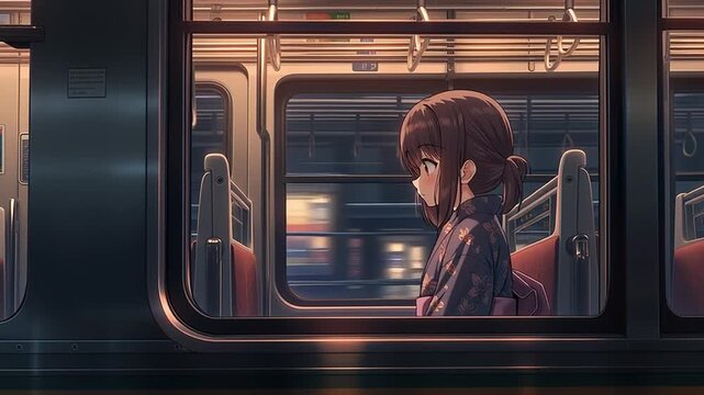 電車で移動する浴衣を着たアニメ調の美少女