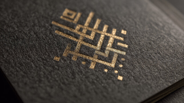 Close-up of gold foil embossed logo on dark packaging paper.