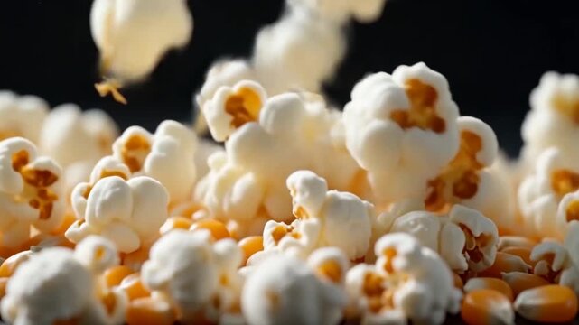 Freshly made popcorn falling onto a pile of kernels against a dark background in slow motion