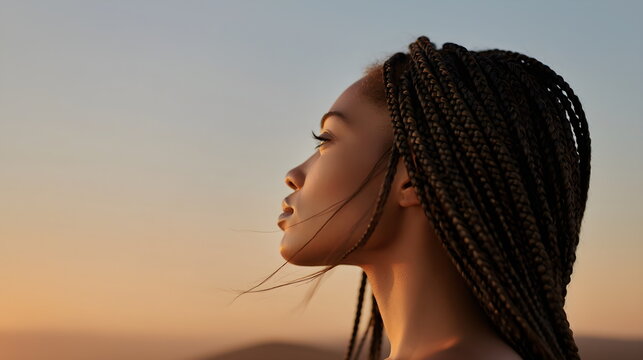 Young black woman looking thoughtfully at sunset outdoors with braids