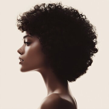 Young black woman with afro curly hair in profile on neutral background  