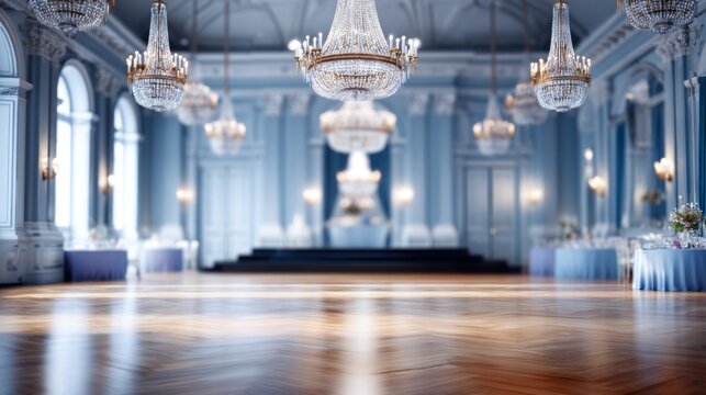 Elegant ballroom interior with polished flooring and crystal chandeliers