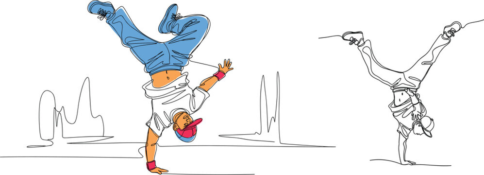 Breakdancing Urban Style Illustration with Dynamic Handstands and Street Dance Moves in Minimalist Line Art