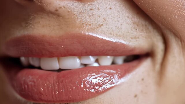 Closeup view of woman showing glossy lips and long lashes in bright light, taken indoors at a beauty studio during makeup session