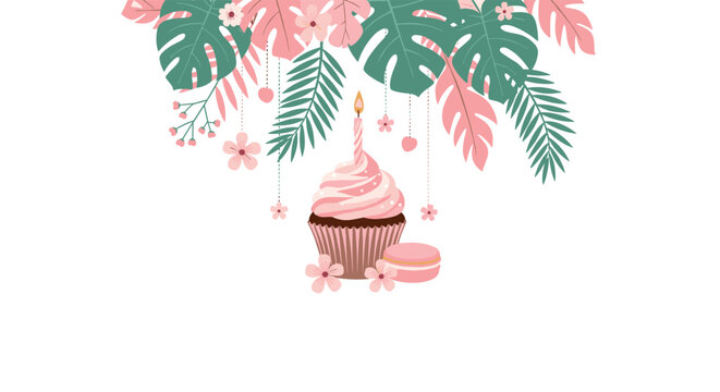 Pink birthday cupcake and macaron cookie decorated with tropical monstera leaves and flowers in a festive summer illustration.