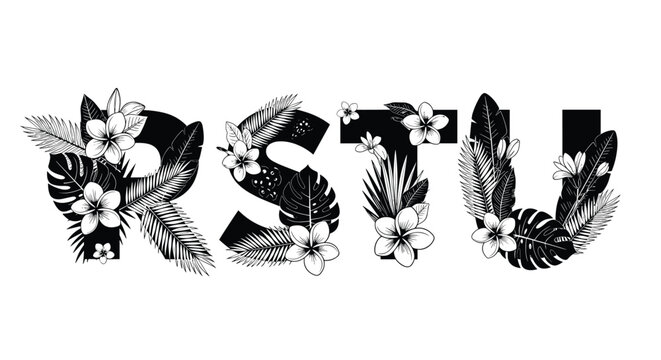 Decorative alphabet letters r s t and u ornate with tropical flowers and palm leaves in a black and white vintage style.