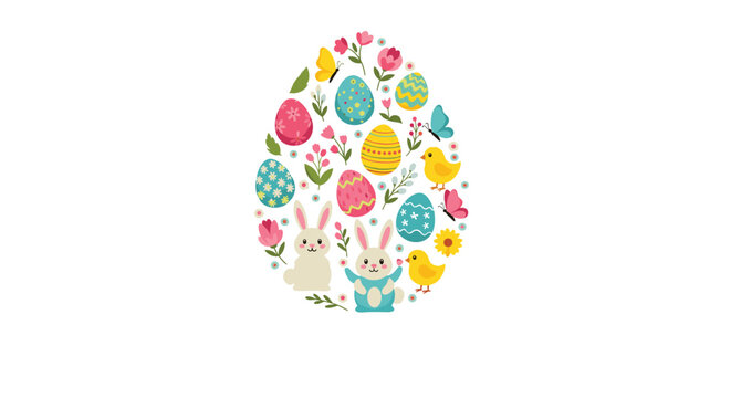 Decorative easter egg shape composed of spring flowers colorful eggs cute rabbits and yellow chicks in a festive illustration.