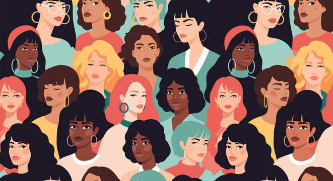 Beautiful seamless pattern of diverse women faces representing global female unity and international womens day theme.