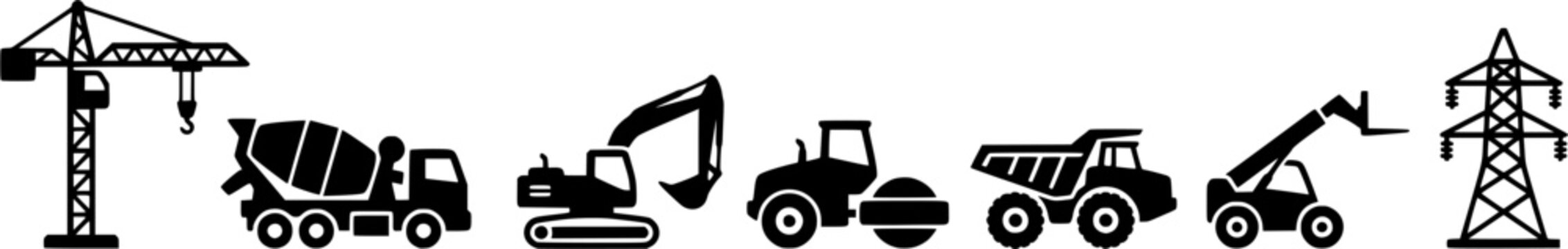 Essential construction equipment and infrastructure silhouettes including tower crane concrete mixer truck paver industrial pipe and telecom tower for industrial project presentations