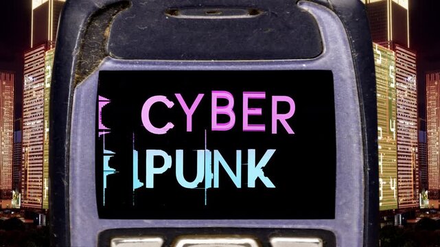cyberpunk written with a glitch style font and city